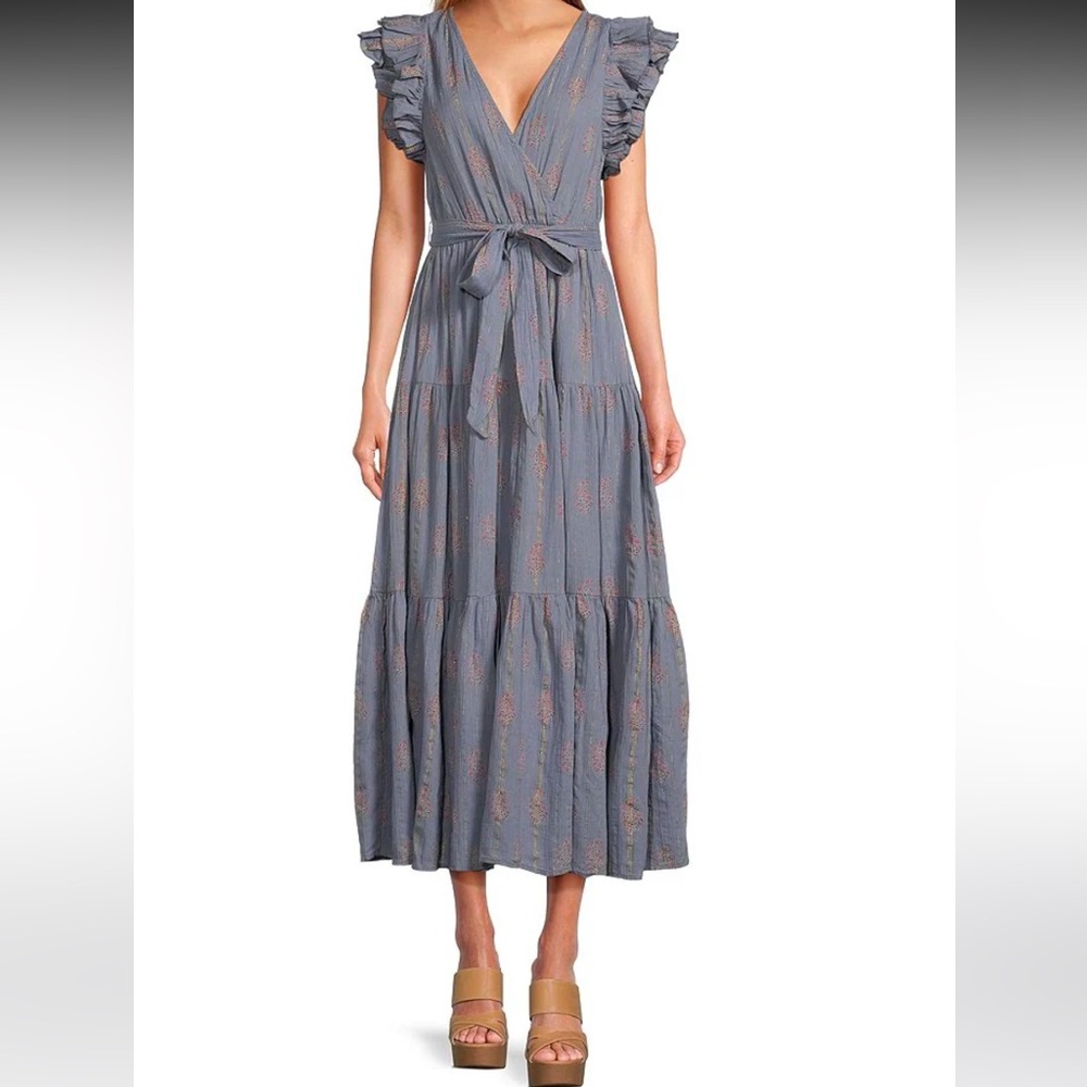 A Loves A | Floral V-Neck Ruffled Maxi A-Line Dress | Size L | Floral & Metallic